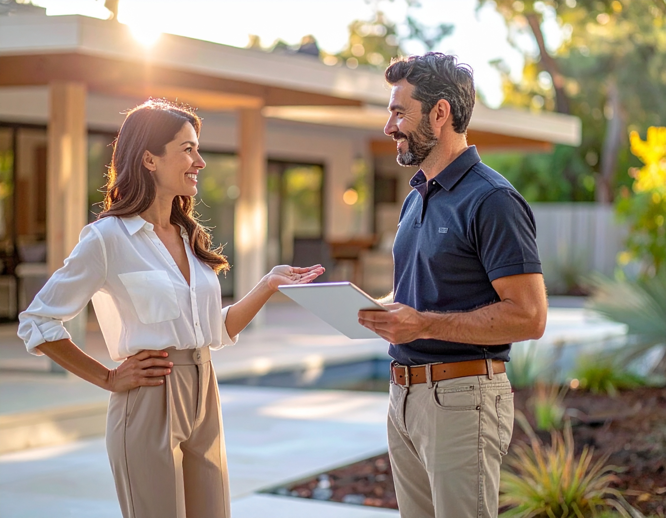 A homeowner reviewing the condition of her property with an adviser.